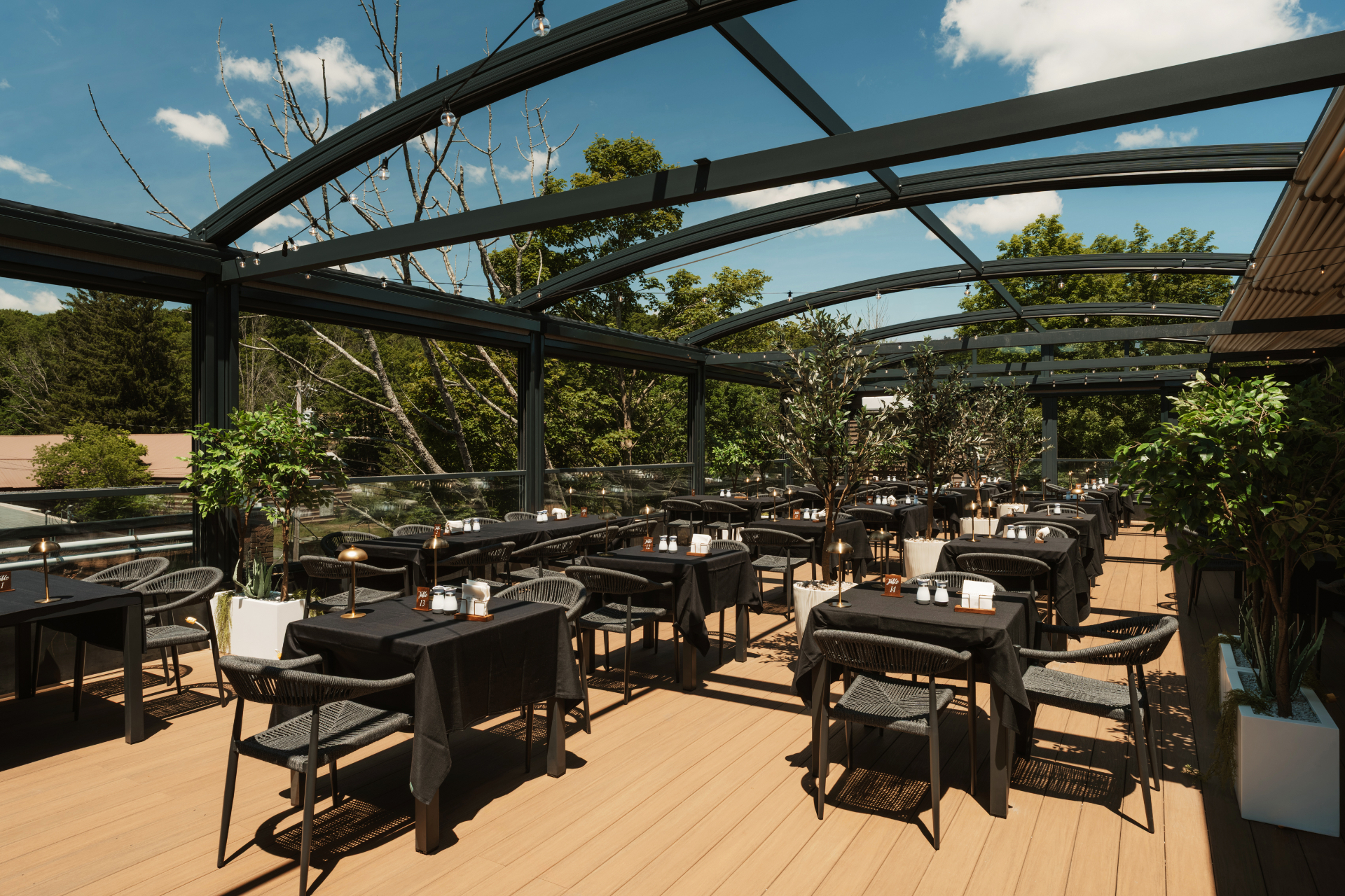 Belvedere outdoor dining terrace with covered seating and scenic views