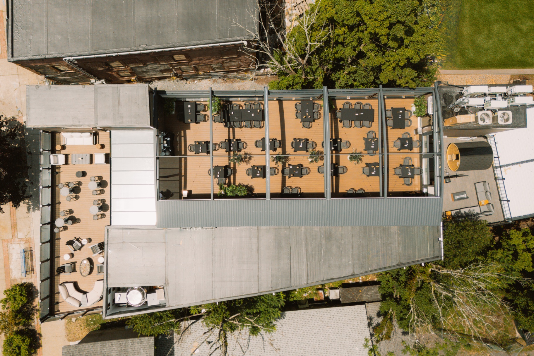 Overhead aerial of the lodge roof and terrace seating