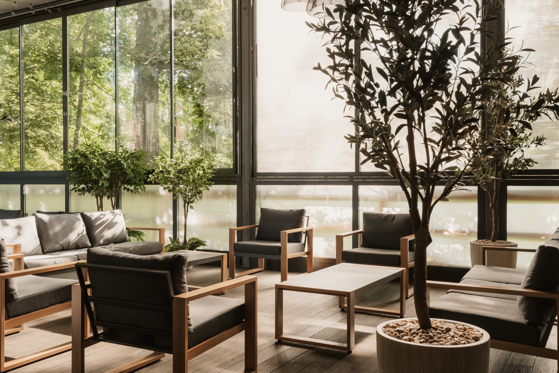 Glass-enclosed lounge seating with wooden armchairs, charcoal cushions and potted olive trees
