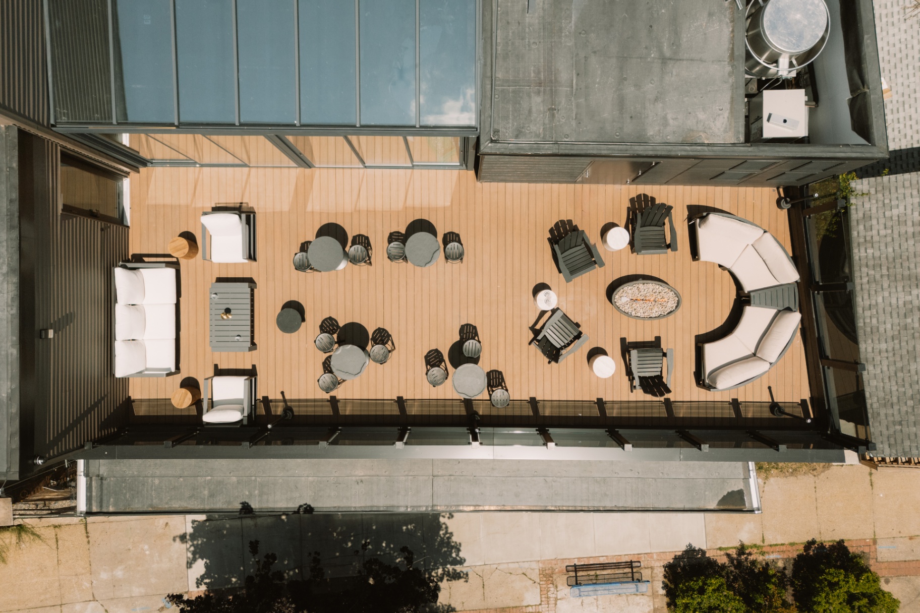 Overhead aerial of the rooftop terrace furniture layout